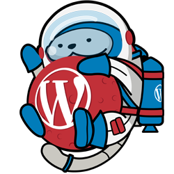 Image of the WordCamp Houston Wapuunaut! A Wapuu in an astronaut suit, hugging a planet.